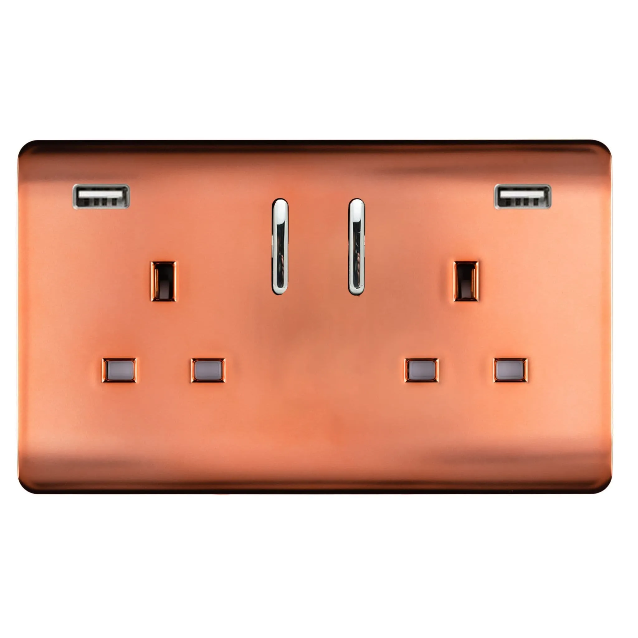 2 Gang 13Amp Short S/W Double Socket With 2x3.1Mah USB Copper